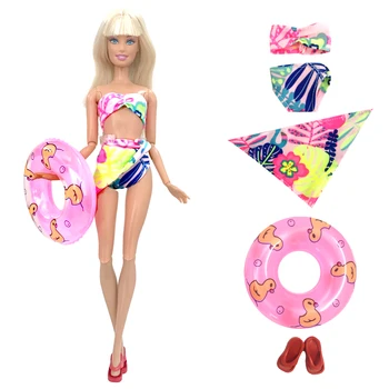 1 комплект кукольного купальника-бикини с бантом + 1 случайное кольцо для плавания + 1 пара тапочек, обуви, одежды для аксессуаров куклы Барби