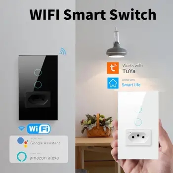 16 / 20A Розетка Wi-Fi Tuya Стандарт Бразилии, Стеклянная панель 4X2, 1/2 кнопки, настенный выключатель света для Smart Life Alexa Google Home