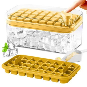 2 лотка для кубиков льда с крышкой и корзиной для кубиков льда для морозильной камеры, 64 формы для кубиков льда (желтые)