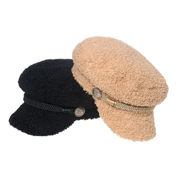 2021 восьмиугольная шляпа из шерсти ягненка женская осенне-зимняя однотонная темно-синяя шляпа теплая шляпа газетчика художника восьмиугольная шляпа с цепочкой