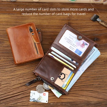2021 Новый мужской кошелек из натуральной кожи, короткий кошелек для монет на молнии, брендовый мужской кошелек для кредитных карт и удостоверений личности из воловьей кожи, многофункциональные маленькие кошельки 0