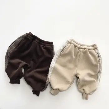 2023 Зимние Новые детские Флисовые Повседневные брюки, Однотонные теплые брюки для девочек, плюс бархатные хлопковые шаровары для маленьких мальчиков, детская одежда