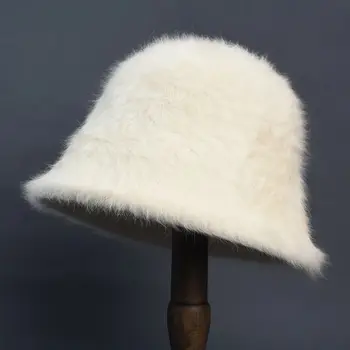 2023 Зимняя женская шапка, модная однотонная шапка из кроличьего меха, кепка-ведро, рыбацкая шапка, ретро вязаная шерстяная кепка-ведро