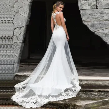 2023 Сексуальное простое свадебное платье с кружевными аппликациями и круглым вырезом без спинки, свадебное платье русалки длиной до пола, изготовленное на заказ Vestido De Noiva