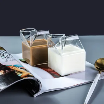 250 мл Креативная чашка в виде коробки для молока Прозрачные Стеклянные чашки в форме коробки для молока Студенческая бутылка для сока Милая Кофейная чашка Чайная посуда для напитков