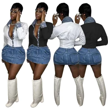 3D Карманы на пуговицах, облегающие Мини-юбки-карго, костюмы, трендовые Джинсы, комплект из 2 предметов, женские джинсовые лоскутные тонкие рубашки с длинным рукавом, топы