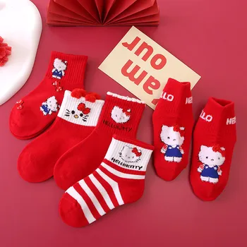 5 Пар детских носков Kawaii Sanrio, Милые носки средней длины Hello Kitty, Универсальная дышащая Рождественская атмосфера, Рождественский подарок 0