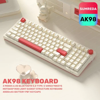 AK98 Беспроводная игровая механическая клавиатура 98Keys Проводная Bluetooth-клавиатура 2.4G TYPE-C Горячая замена клавиатуры Gamer Knob с RGB подсветкой