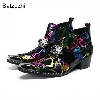 Batzuzhi/ Модные мужские ботинки из натуральной кожи на высоком каблуке 6,5 см, с железным носком, на молнии, Роскошные Мужские ботинки для вечеринок и свадьбы, 37-46!