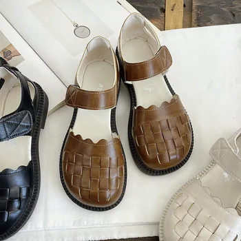 Careaymade-Сандалии с круглым носком в римском стиле в стиле ретро, летние повседневные туфли на плоской подошве, женская обувь ручной работы с плетеным поясом в художественном стиле