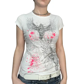 Fairy Core Cottage Y2K Эстетические футболки в стиле гранж, футболка с рисунком ретро-крыльев 00-х годов, топы с круглым вырезом и коротким рукавом, облегающие женские топы
