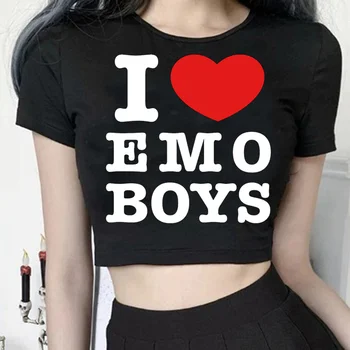 i love emo boys aesthetic cyber y2k готический укороченный топ, женская футболка fairy grunge manga, готическая эстетическая футболка, футболка