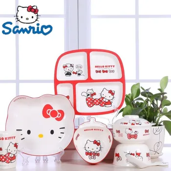 Kawaii Sanrioed Hello Kitty Сетка Обеденная Тарелка Ложка Чашка Миска Мультяшная Устойчивая К Падению Меламиновая Посуда Милый Праздничный Подарок 0