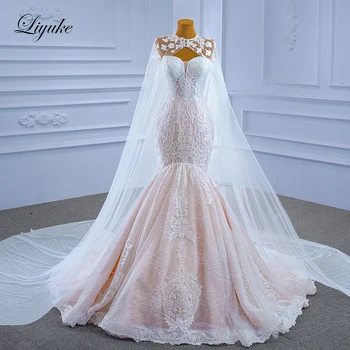 Liyuke Beauty Кружевное Свадебное платье в стиле Русалки в стиле Ампир Без рукавов С аппликацией, Свадебные платья С накидкой 0