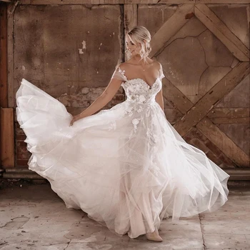 Msikoods Винтажное свадебное платье 2023 с короткими рукавами в стиле Бохо, блестящий тюль, платье невесты в стиле Бохо, кружевные аппликации, платья невесты с открытой спиной
