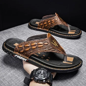 Oraqwlj, мужские вьетнамки, Летняя повседневная обувь 2023 года, тапочки ручной работы из крокодиловой кожи, роскошные брендовые уличные мужские пляжные кожаные сандалии