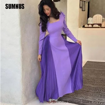 SUMNUS Simple, Дубай, Арабские женщины, Фиолетовые вечерние платья, Складки, Длинные рукава, Квадратный вырез, платья-футляры для выпускного вечера, Нарядное платье