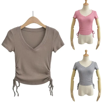 Y2k, Тонкая футболка с завязками сбоку, женский мягкий однотонный укороченный топ с коротким рукавом и круглым вырезом, облегающие летние футболки