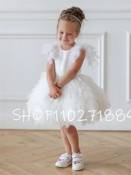 Белое платье в цветочек для девочек, многослойное платье для девочек, платье с перьями для свадебной вечеринки, платье для дня рождения ребенка, платье для первого причастия 0