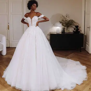 Белые свадебные платья с открытыми плечами, Скромная Кружевная аппликация, шлейф из тюля, свадебное платье в Африканском стиле, роскошное Vestido De Novia 0