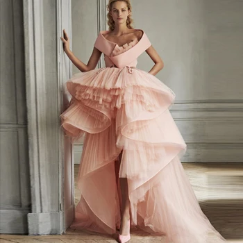 Бледно-розовое вечернее платье с рукавом из тюля abiye Vestido Longo robe de soiree, Асимметричные вечерние платья в Дубае, многоуровневые
