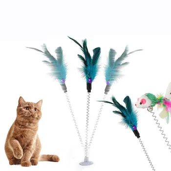 Весенние Игрушки для кошек Забавная Присоска, игрушки для домашних животных из перьев, Многоцветная Палочка из Кошачьих перьев, Интерактивные Игрушки для домашних животных, Принадлежности для кошек 0
