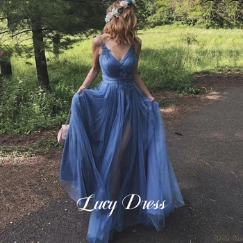 Вечерние платья Lucy Sling для выпускного вечера с V-образным вырезом, элегантные вечерние платья для женщин, роскошное вечернее платье 2024, юбка-фея, синяя сетка 0