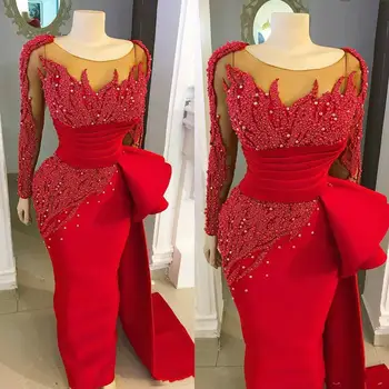 Вечерние платья-футляры Perals красного цвета с длинным шлейфом, великолепные вечерние платья с длинным рукавом, платье для особых случаев Abendklei