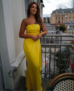 Винтажное длинное желтое мусульманское вечернее платье без бретелек, Атласное плиссированное платье на шнуровке сзади, длина до пола, вечерние платья Robe De Mariée для женщин