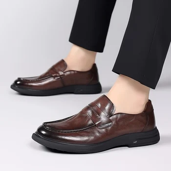 деловые мужчины, Мужская обувь на мягкой подошве, весенне-осенние лоферы из натуральной кожи, модные свадебные модельные туфли без застежки, мужские балетки 0