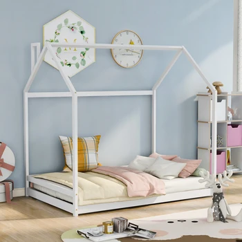 Детские кровати - Полноразмерная домашняя кровать, деревянная кровать, белая/Двухразмерная Домашняя кровать, деревянная кровать, серая