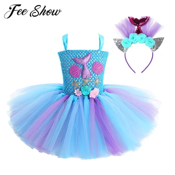 Детский костюм принцессы Русалки для девочек, платье-пачка без рукавов с 3D цветочной сеткой, обруч для волос, детское праздничное платье для косплея на Хэллоуин