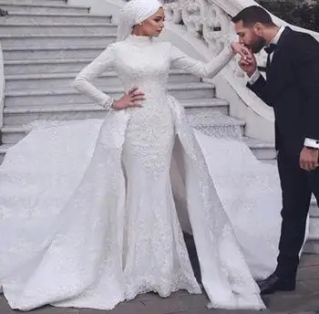 Европейское и американское свадебное платье 2024, Новое Мусульманское свадебное платье невесты с длинными рукавами и круглым вырезом, съемное