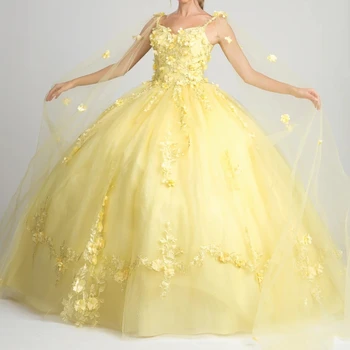 Желтые Пышные платья на бретельках С накидкой Sweet 16 Платья С 3D цветочной аппликацией Из кружева и бисера Tull Vestidos 15 De