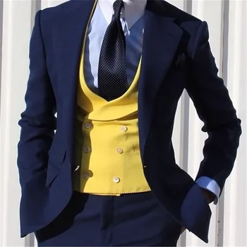 Желтый двубортный свадебный жилет, мужской жилет, приталенный крой, новейший дизайн, модные мужские костюмы в британском стиле, 3 предмета 0