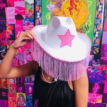 Женская ковбойская шляпа в стиле Вестерн с розовой звездой, Ковбойская шляпа в стиле Вестерн с кисточкой, Ковбойская шляпа для вечеринок, Классическая Ковбойская кепка в стиле Вестерн