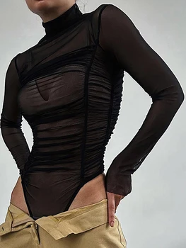 Женская облегающая однотонная рубашка со стоячим воротником из плиссированной сетки с длинными рукавами, весенне-осенний комбинезон, уличная одежда 0