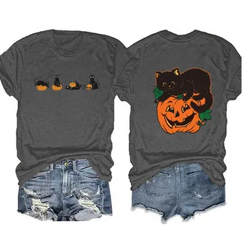 Женская футболка с круглым вырезом и короткими рукавами с принтом тыквы и кошек на Хэллоуин от Rheaclots