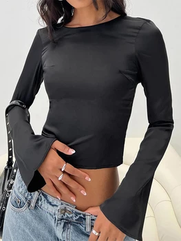 Женские топы с круглым вырезом, с длинным рукавом и перекрестной спинкой, однотонные облегающие футболки, блузки