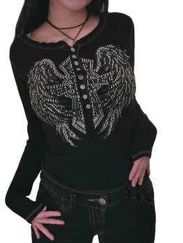 Женский винтажный топ с графическим принтом из страз, футболка Y2k с длинным рукавом, приталенная блузка, футболка, топы с принтом в стиле Фея Гранж, Перекрестные крылья