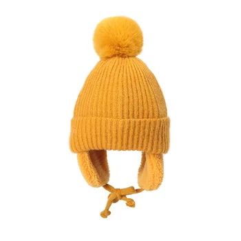Зимняя детская шапка с плюшевым клапаном-ушанкой, Вязаная Толстая шапочка-бини, теплая шапка на подкладке с помпонами, подарок на Рождество и Новый Год