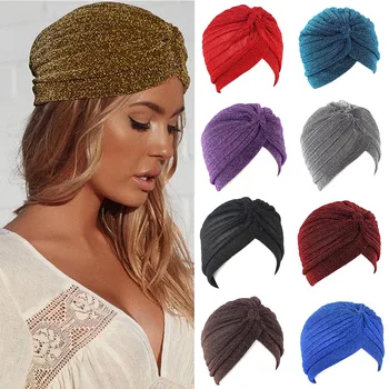 Золотистые шелковые Индийские головные платки, повседневные мусульманские головные уборы, теплые Эластичные шапки-тюрбаны, Однотонные Банданы, Тюрбаны, шапки-хиджабы.