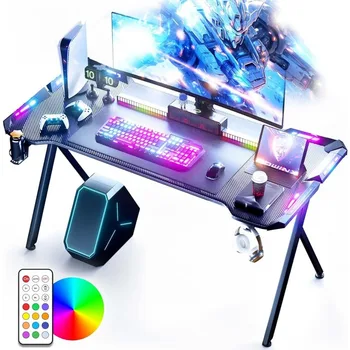 Игровой стол со светодиодной подсветкой, Компьютерный стол RGB с поверхностью из Углеродного волокна, Светодиодный Стол для Домашнего офиса с дистанционным управлением, 47 дюймов, Черный