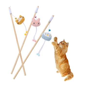 Игрушка для кошек деревянный шест в форме милого животного, плюшевая кошачья палочка с колокольчиком, интерактивные забавные принадлежности для домашних животных 0