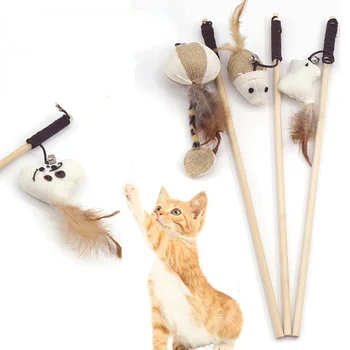 Игрушки для домашних кошек, деревянные забавные игрушки-тизеры, натуральная мышь, кошка из перьев животных, деревянная накладная мышь, 40 см