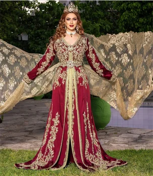 Изысканные бордовые Марокканские вечерние платья с золотистыми кружевными аппликациями и длинными рукавами из Саудовской Аравии 0