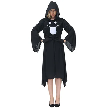 Карнавальное черное платье с капюшоном с принтом Маленького Призрака и зомби для взрослых Женщин, костюмы для косплея на Хэллоуин