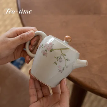 керамический чайник с имитацией древнего синего цвета объемом 200 мл, Ручная роспись цветка магнолии, ручной чайник для приготовления чая ручной работы, посуда для чая