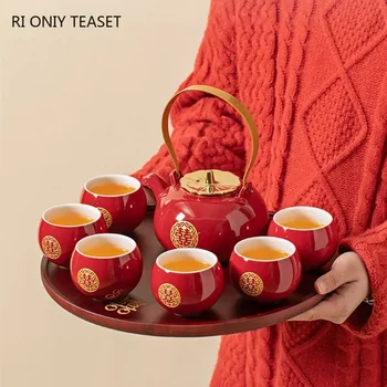 Китайский Красный Керамический Чайный Сервиз Бамбуковый Поднос Ручной Работы Заварочный Чайник Чайная Чашка Банка Для Чая Домашние Свадебные Наборы Чайной Посуды Праздничный Роскошный Подарок 0