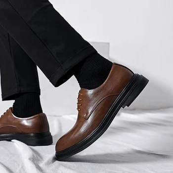 Кожаная обувь мужская высококачественная британская официальная деловая обувь на толстой подошве из черной кожи, повседневный костюм, банкетные туфли